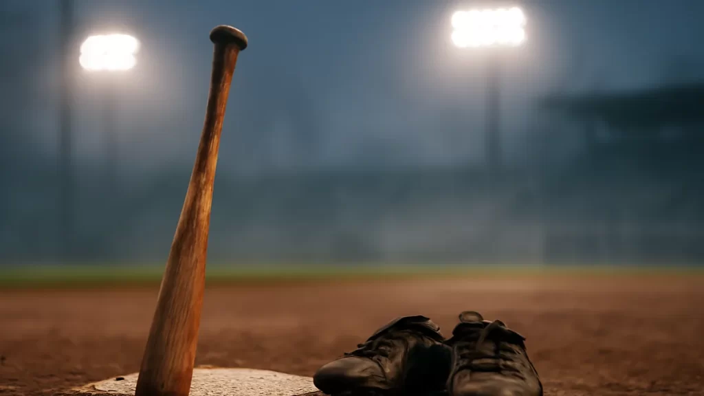 Scuffed bat and cleats beside home plate, empty stands blurred