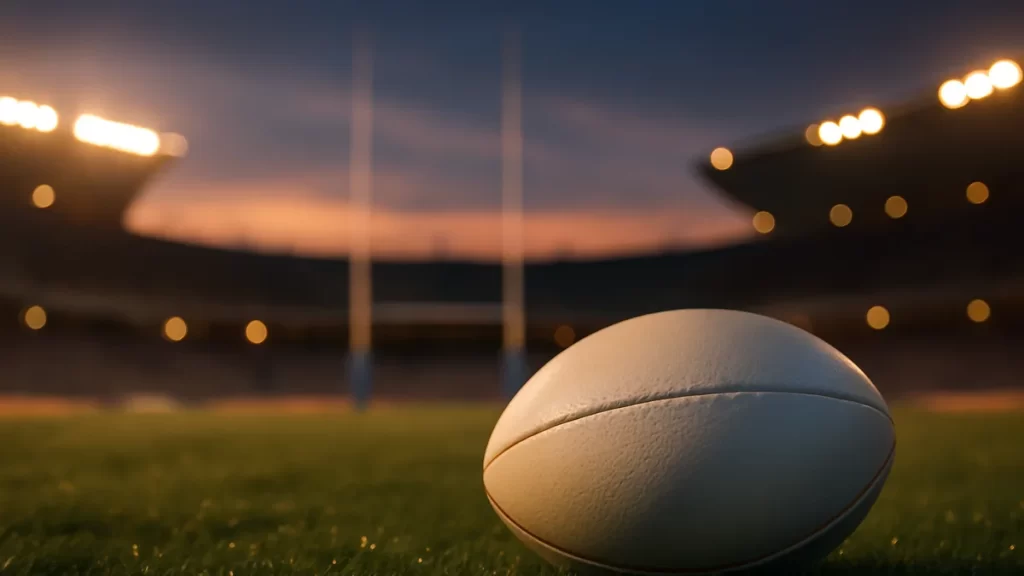 Balón de rugby en primer plano, gradas vacías y luces nocturnas.