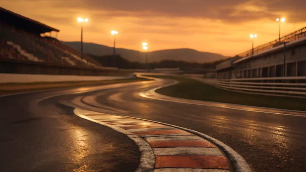 Curva de circuito vacía al atardecer, asfalto mojado y gradas desenfocadas.