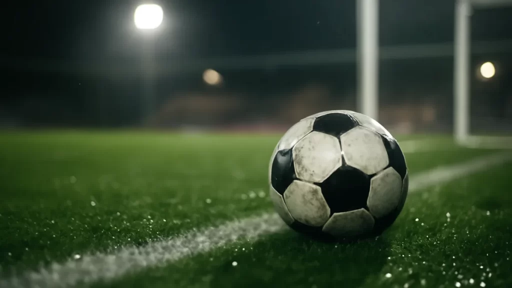 Wet football near goal line, floodlights glowing, wet grass and blurred stands