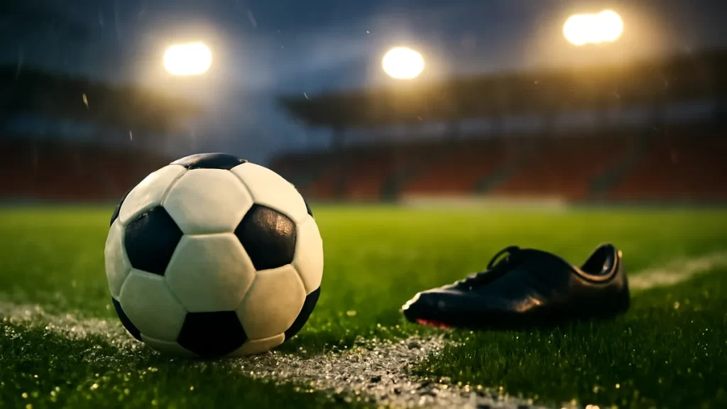 Balón en la línea de gol húmeda, focos, gradas vacías
