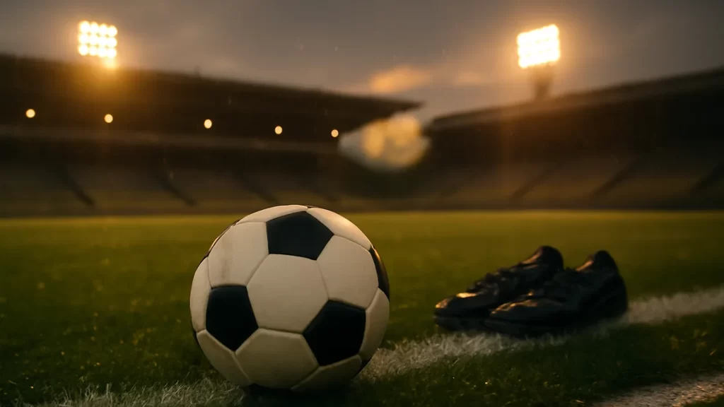 Balón mojado sobre césped con gradas vacías iluminadas.