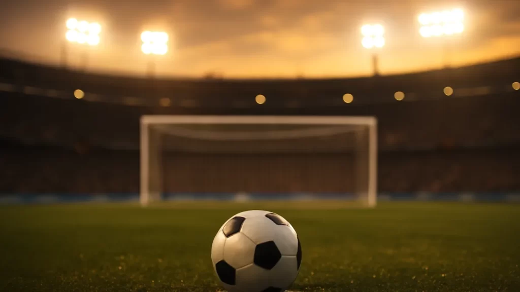 Balón sobre el punto de penalti, portería y tribunas desenfocadas al atardecer
