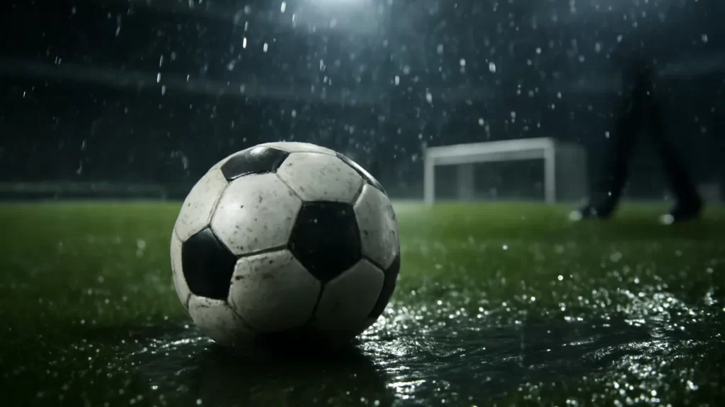 Balón encharcado sobre césped bajo reflectores, botas desenfocadas y gradas vacías.