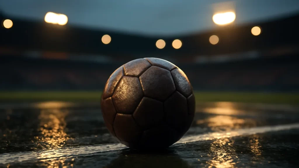Rain-damp football on center circle with blurred floodlights and stands