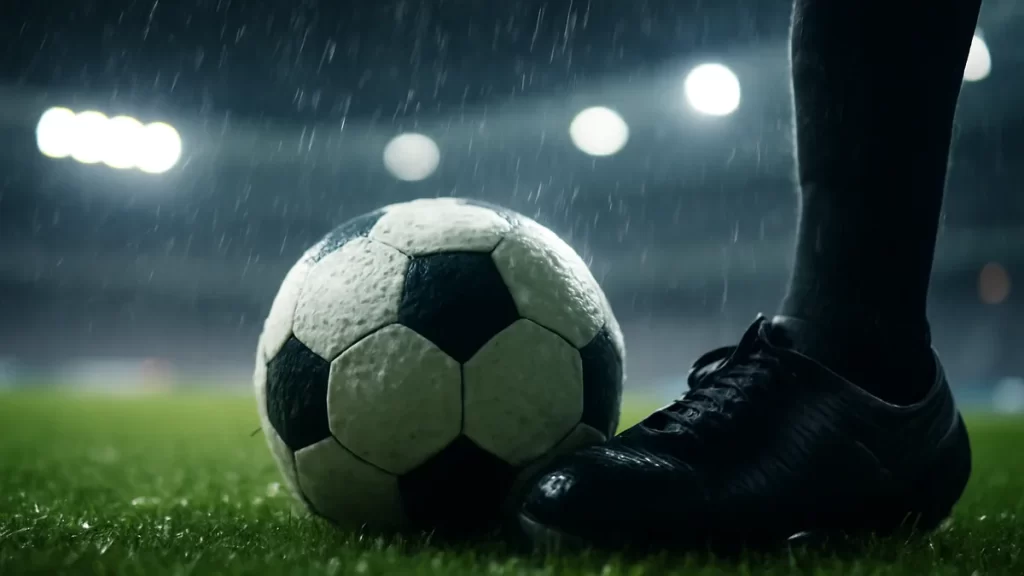 Balón y bota en césped mojado bajo focos, gradas desenfocadas