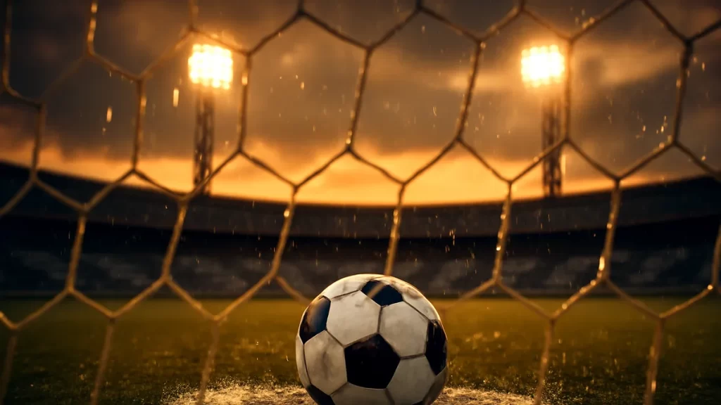 Balón mojado en el punto de penal frente a redes y gradas vacías.