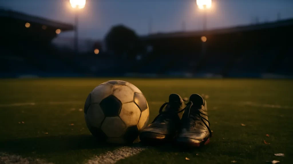 Scuffed football and boots on center circle under dusk floodlights, empty stands.