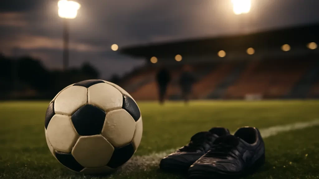 Balón y botas en césped húmedo frente a gradas iluminadas al atardecer