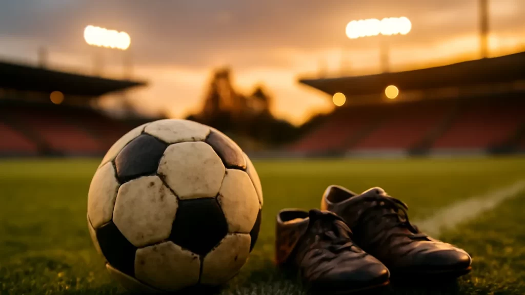 Balón en césped húmedo junto a botas, gradas vacías y luces atardecer