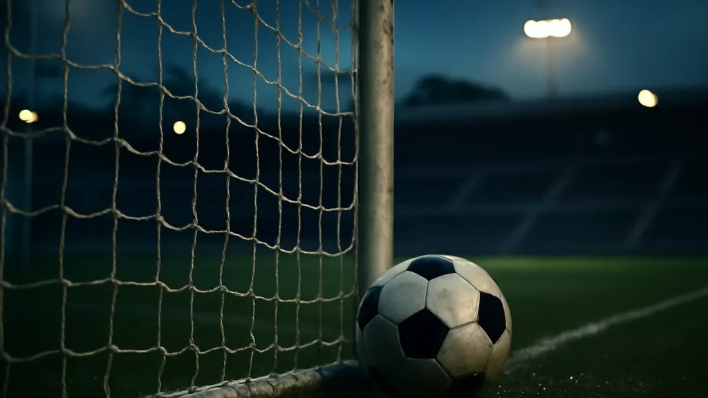 Balón junto a red de portería bajo focos, gradas vacías desenfocadas
