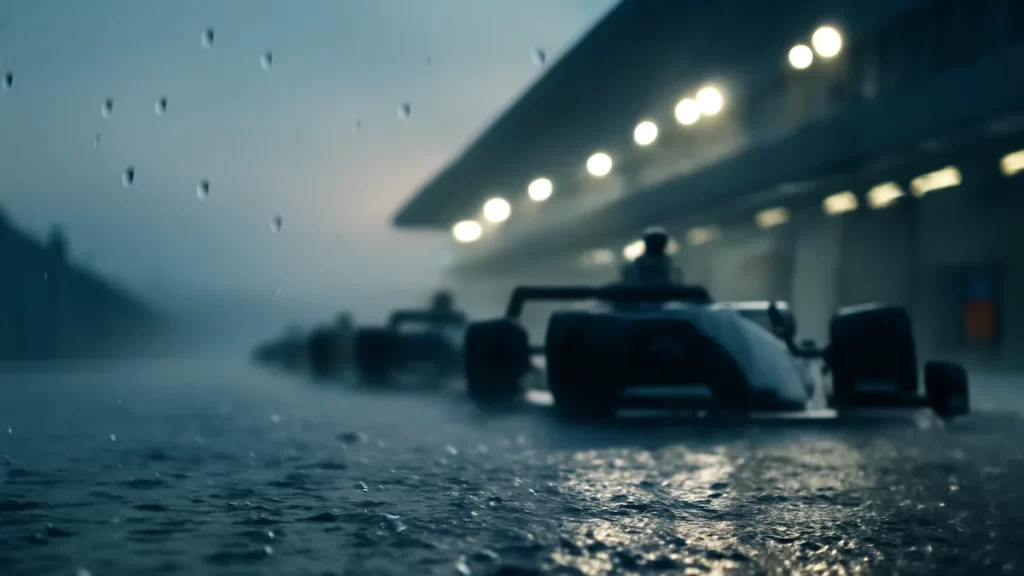 Pista mojada con monoplazas desenfocados y luces del circuito.