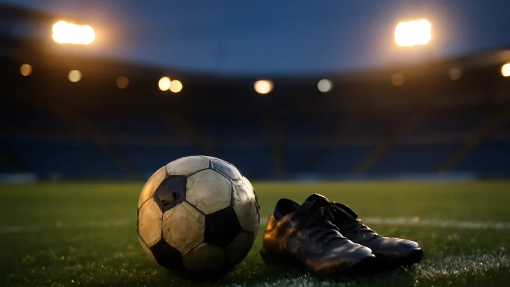 Worn ball and muddy boots on wet center circle under stadium floodlights.
