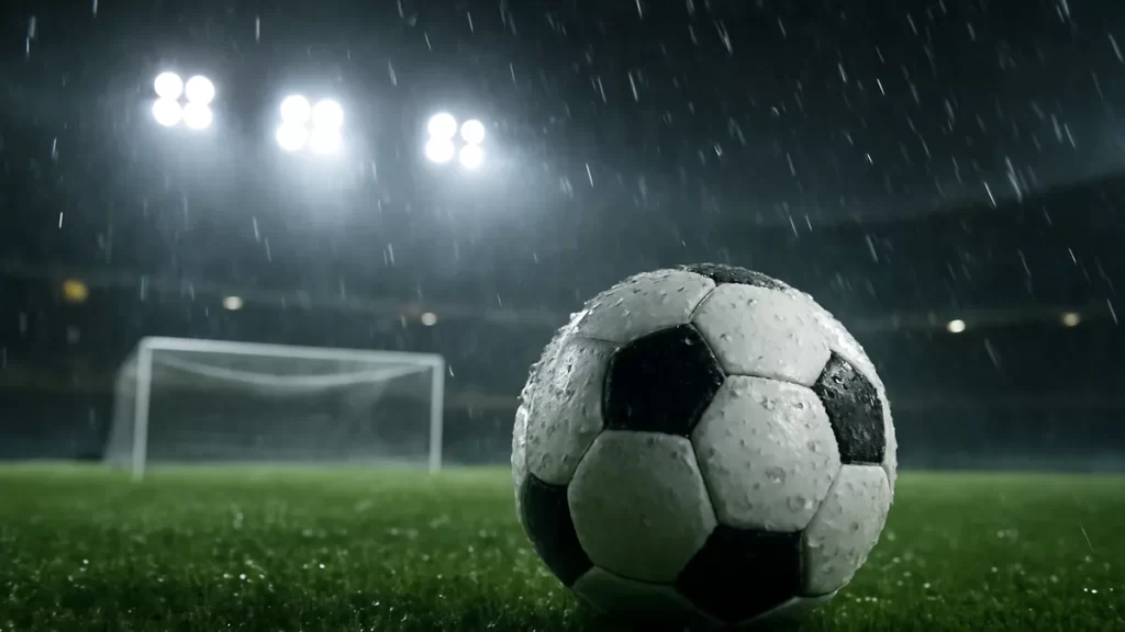 Balón de fútbol mojado en césped brillante bajo focos nocturnos.