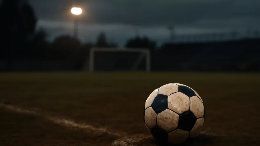 Scuffed football near penalty spot on wet pitch at dusk.