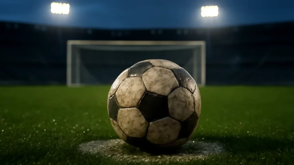 Balón desgastado en el punto de penal, césped húmedo y gradas vacías.
