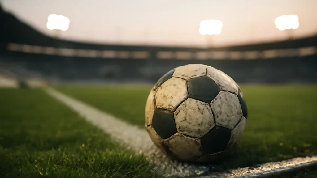 Balón sobre la línea, césped húmedo, gradas vacías al atardecer