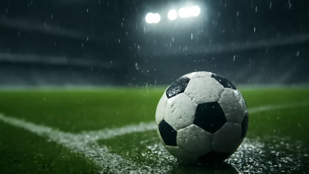 Balón húmedo en césped brillante bajo focos, gradas vacías desenfocadas