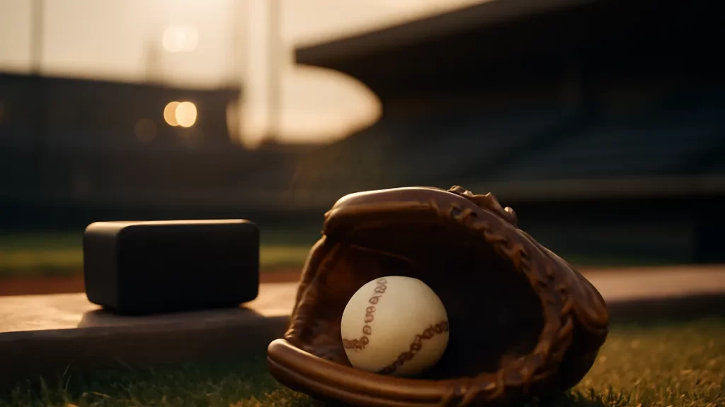 Guante y pelota en el césped junto a una bocina portátil, estadio al atardecer.